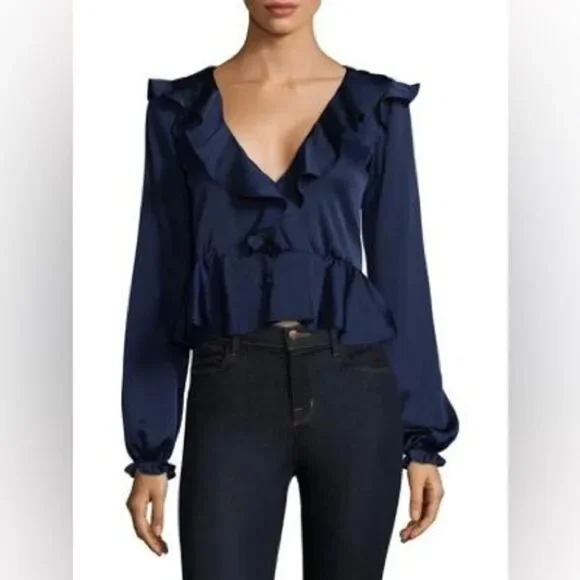For Love and Lemons 🍋 Blue Satin Better Open Back Ruffle Blouse Size S - Picture 3 of 11